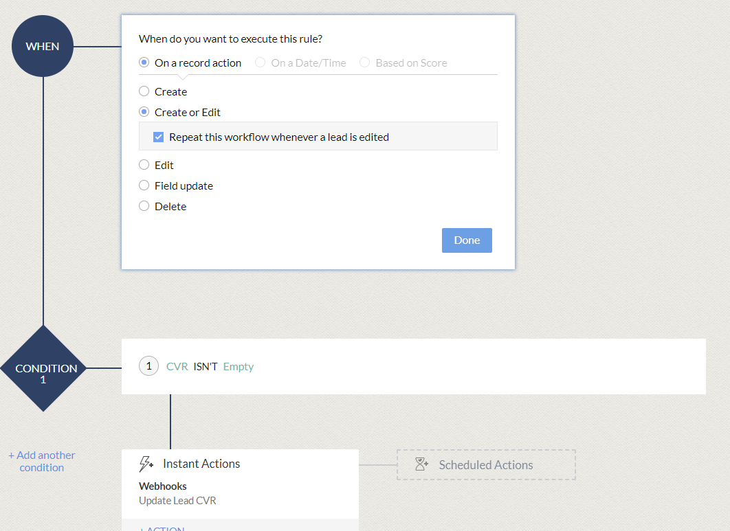 Workflow rule configuration for leads